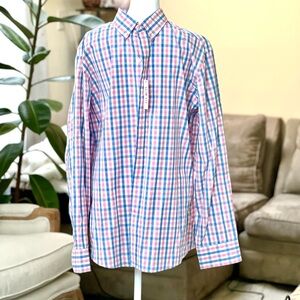 Izod Men's Blue and Pink Checkered Slim Fit Button Down Shirt